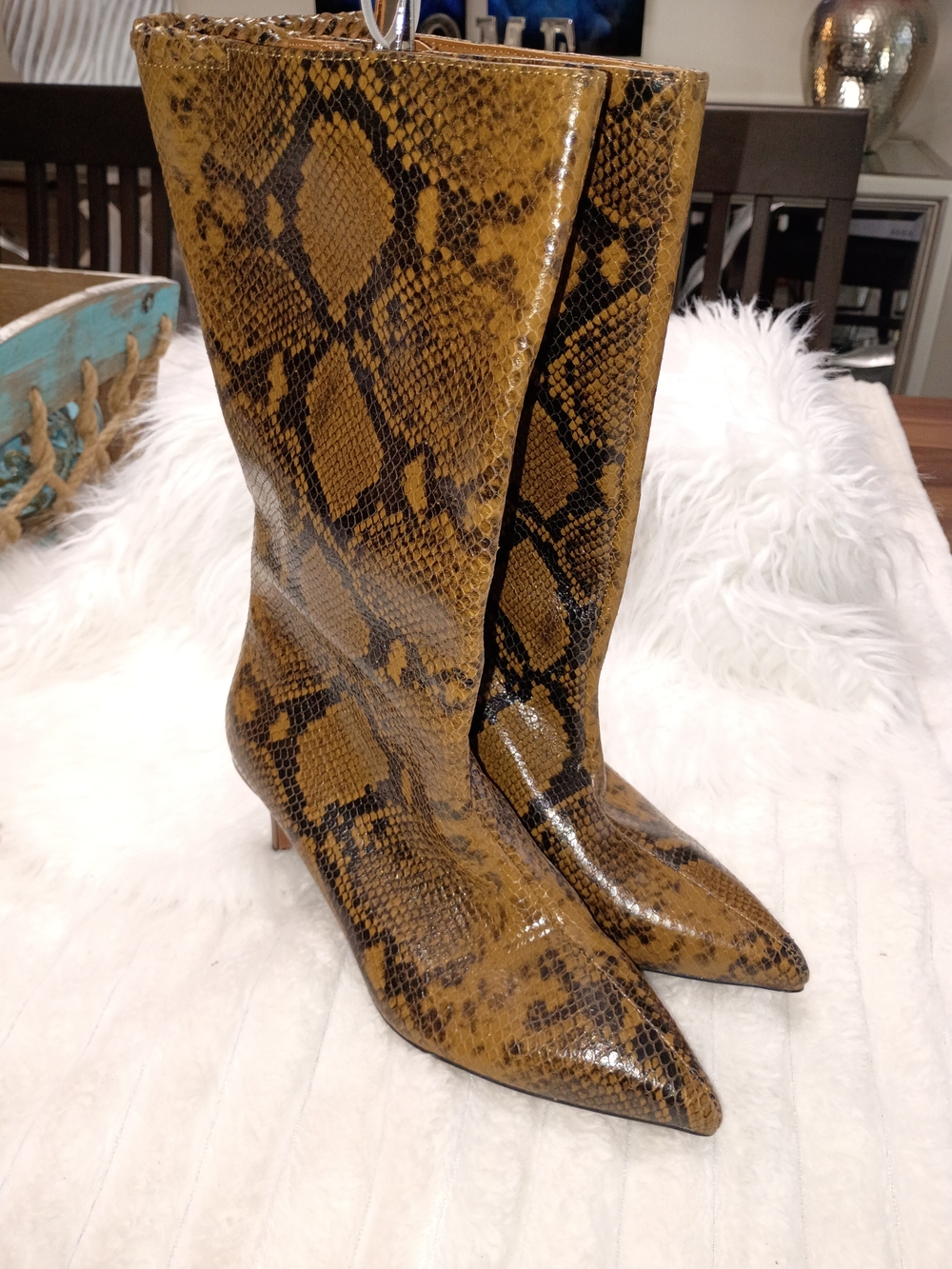 New Franco Sarto Amari Mustard Brown Leather Snake-Print Pointed Knee Boots 7.5